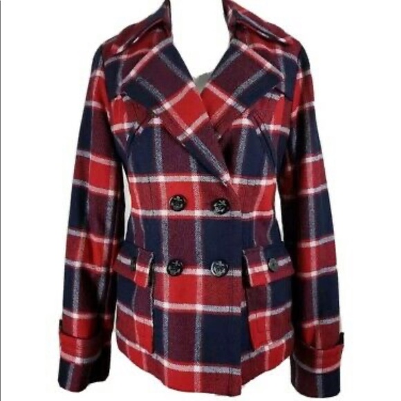 American Eagle Red & Navy Plaid Wool Pea Coat Medium - Picture 1 of 10